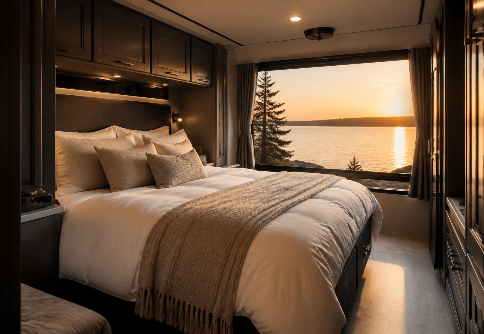Premium modern RV bedroom with a made bed at golden hour